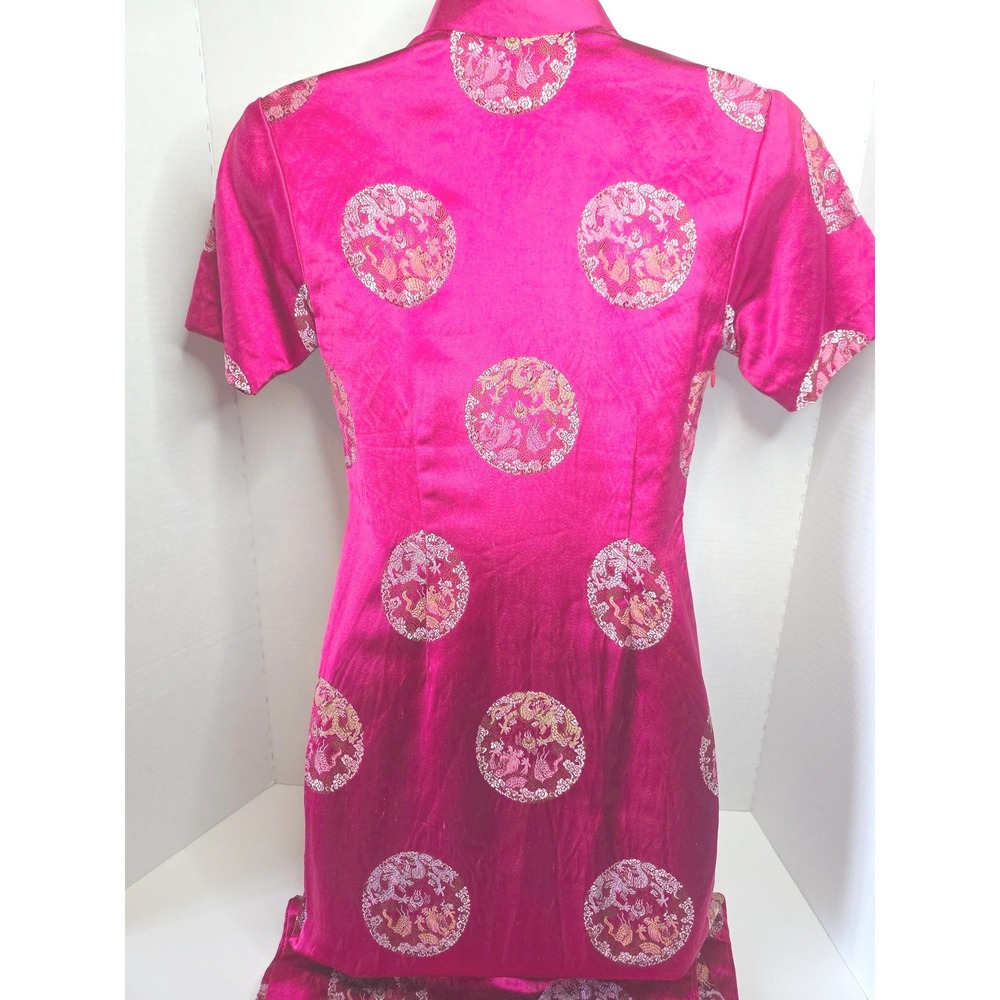 60s Vintage Fuchsia Pink Satin Cheongsam Qipao Dress Dragon Phoenix Brocade Midi - Picture 8 of 16
